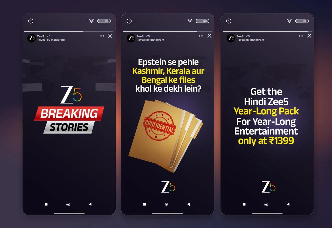 ZEE5 Breaking Stories social story sequence: a Z5 Breaking Stories title frame, a topical frame reading 'Epstein se pehle Kashmir, Kerala aur Bengal ke files khol ke dekh lein?' over a confidential file illustration, and a closing frame offering the Hindi ZEE5 Year-Long Pack at ₹1399.