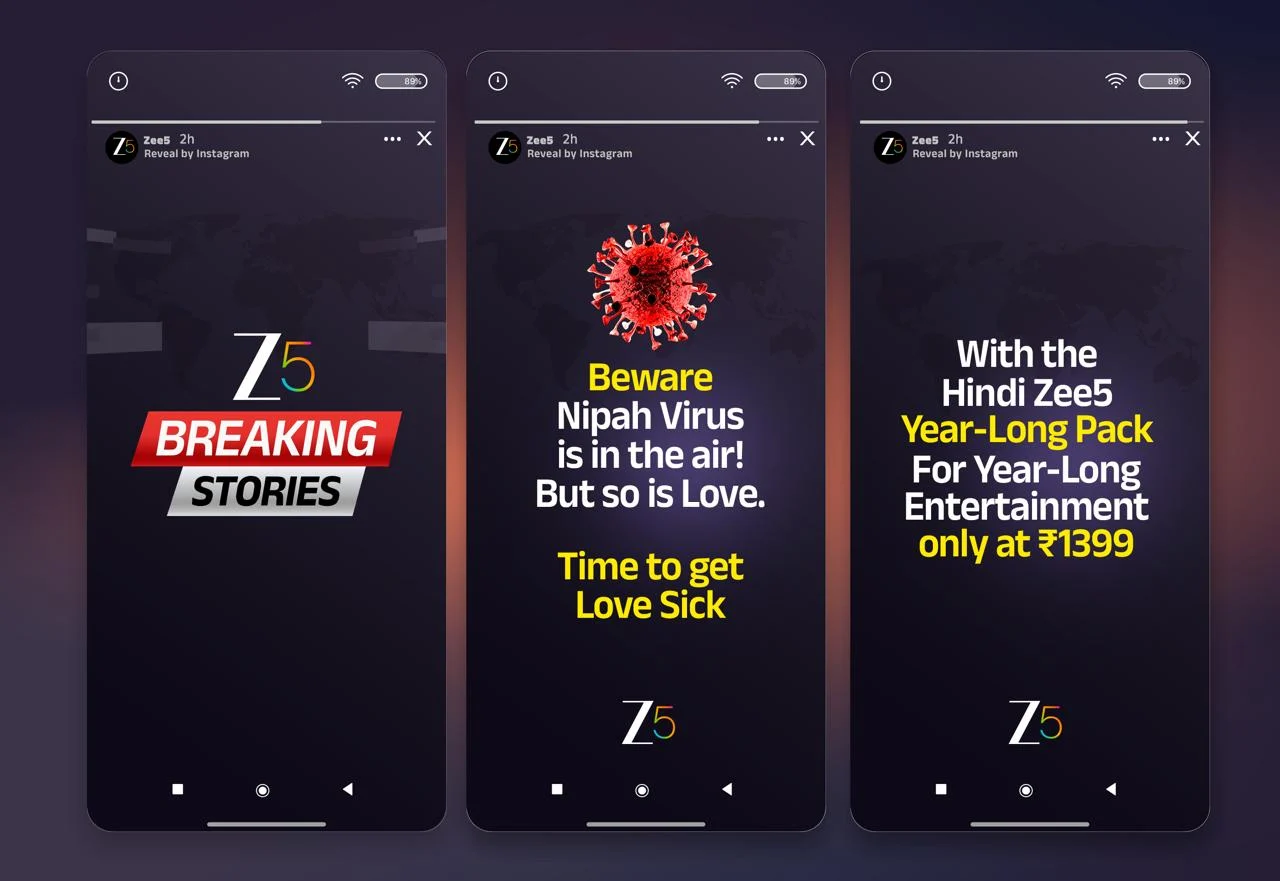 ZEE5 Breaking Stories social story sequence: a Z5 Breaking Stories title frame, a topical frame reading 'Beware Nipah Virus is in the air! But so is Love. Time to get Love Sick', and a closing frame offering the Hindi ZEE5 Year-Long Pack at ₹1399.