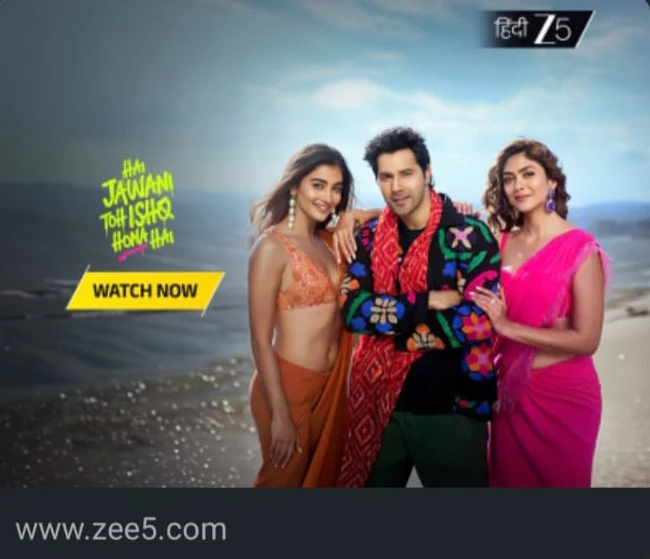 ZEE5 key art for Hai Jawaani Toh Ishq Hona Hai: Varun Dhawan with two co-stars on a beach backdrop, the graffiti-style title treatment, a 'Watch Now' button, the Hindi ZEE5 badge and the zee5.com domain footer.