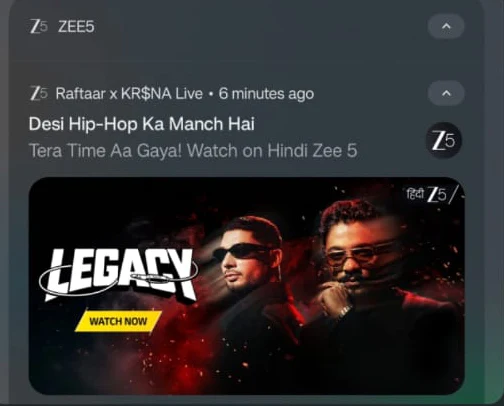 ZEE5 push notification: 'Raftaar x KR$NA Live' with the headline 'Desi Hip-Hop Ka Manch Hai' and the line 'Tera Time Aa Gaya! Watch on Hindi Zee 5', over Legacy key art.